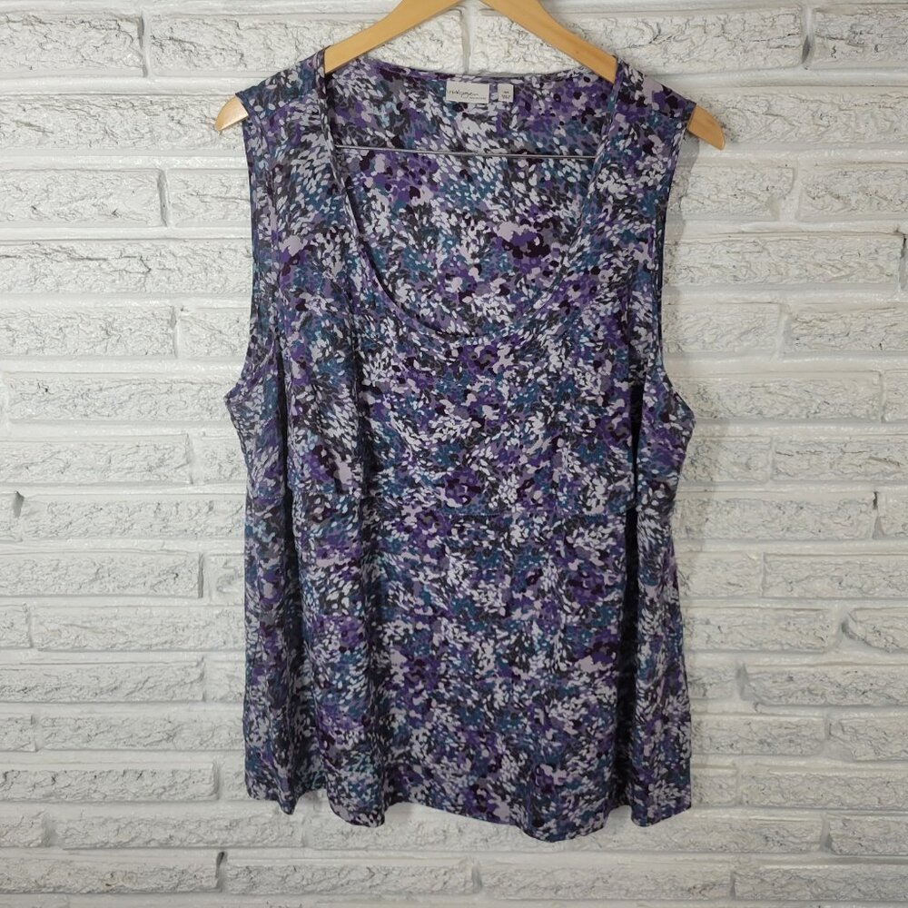 Halogen Encore Women's 18W Plus Blue Floral Silk Sleeveless Tiered Blouse WAT61E